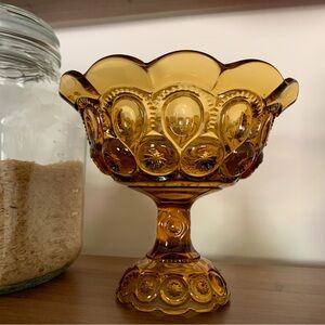 Vintage Amber L.E. Smith Moon & Stars Ruffle Glass Compote